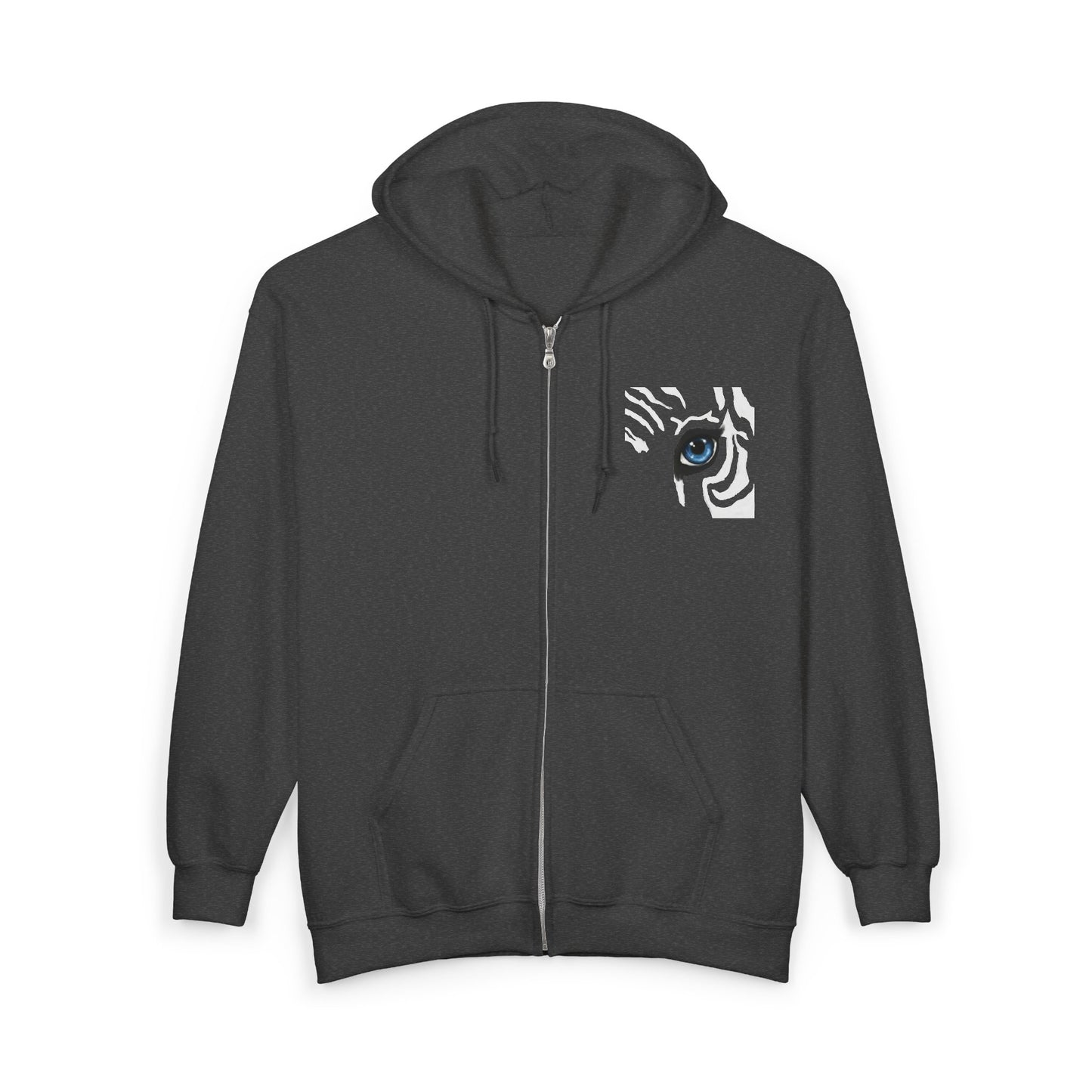 Zebra Eye Zip Hoodie — Black Minimalist Animal Print Full-Zip Sweatshirt