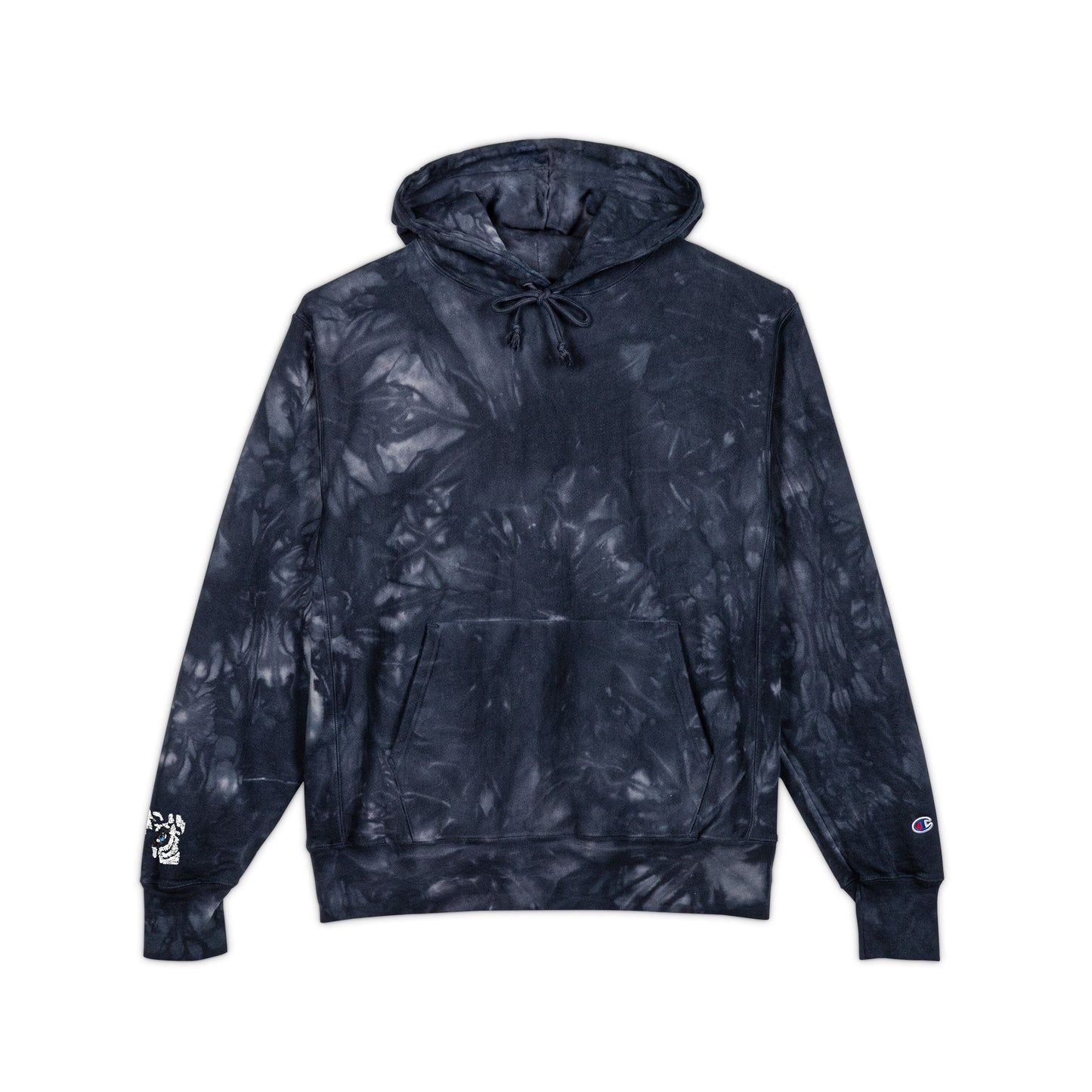Tie-Dye Embroidered Hoodie — Black Swirl Champion Style