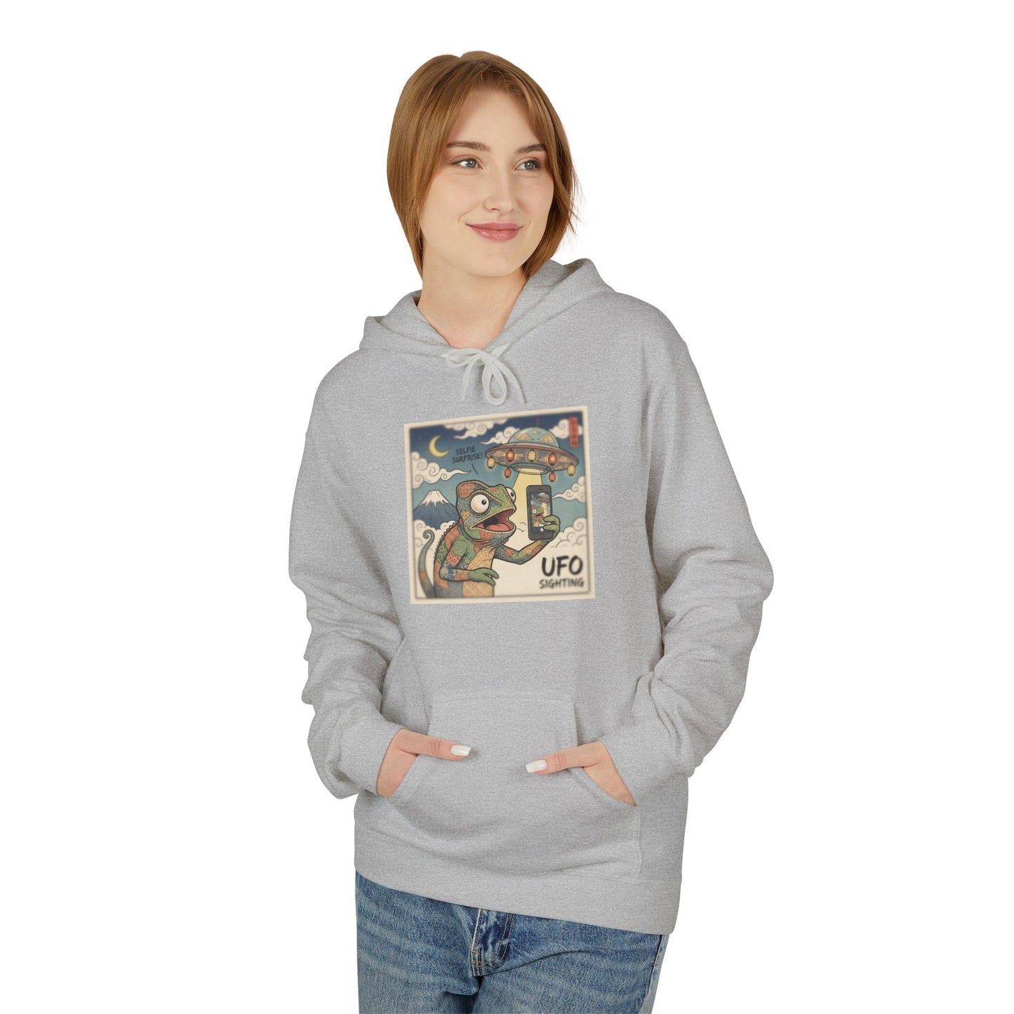 UFO Surfing Hoodie — Retro Alien Surfing Graphic Pullover
