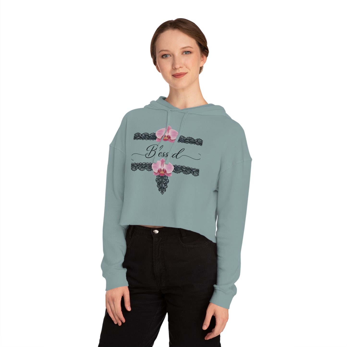 Blessed Floral Cropped Hoodie — Women’s Pink Orchid Hooded Sweatshirt