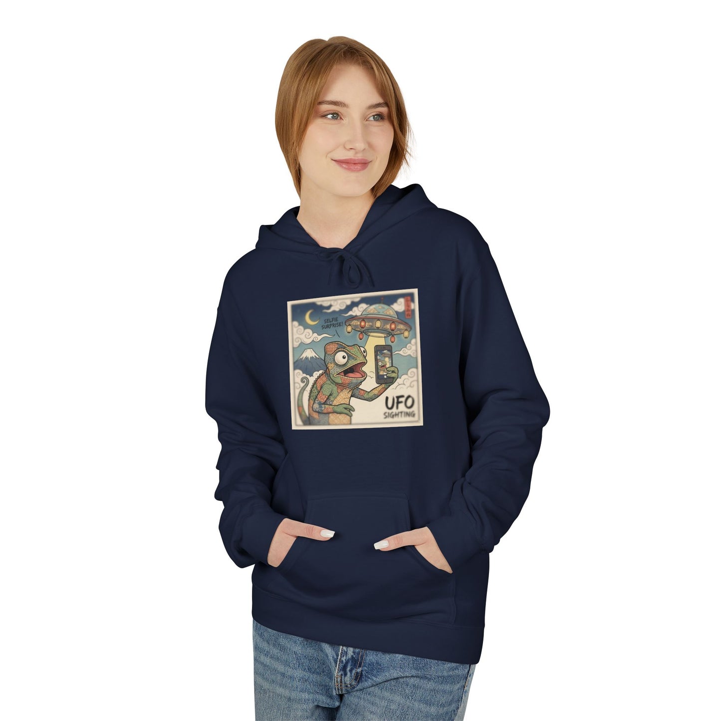 UFO Surfing Hoodie — Retro Alien Surfing Graphic Pullover