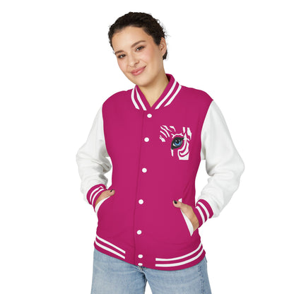 Tiger Eye Letterman Jacket — Red & White Varsity Jacket with Blue Tiger Eye Patch