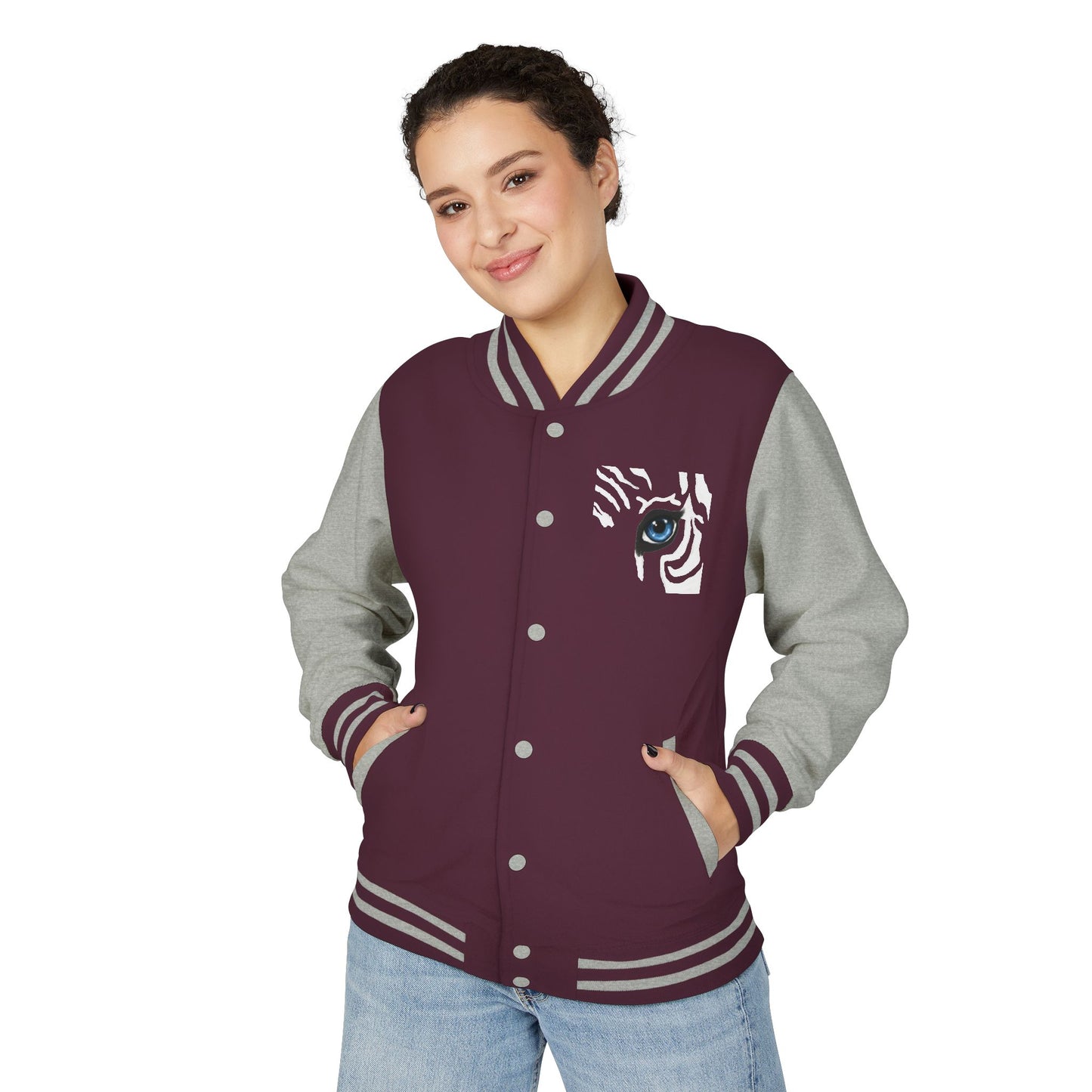 Tiger Eye Letterman Jacket — Red & White Varsity Jacket with Blue Tiger Eye Patch