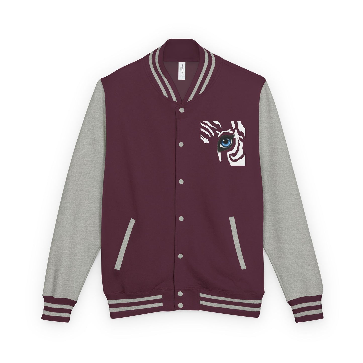 Tiger Eye Letterman Jacket — Red & White Varsity Jacket with Blue Tiger Eye Patch