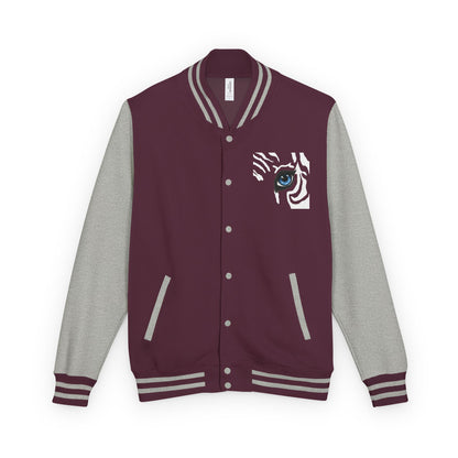 Tiger Eye Letterman Jacket — Red & White Varsity Jacket with Blue Tiger Eye Patch