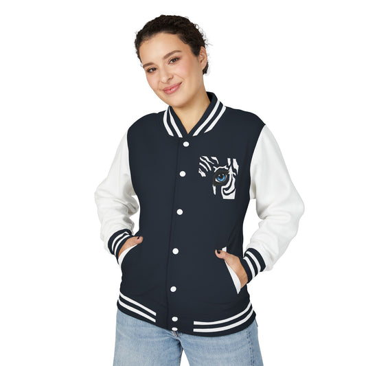 Tiger Eye Letterman Jacket — Red & White Varsity Jacket with Blue Tiger Eye Patch