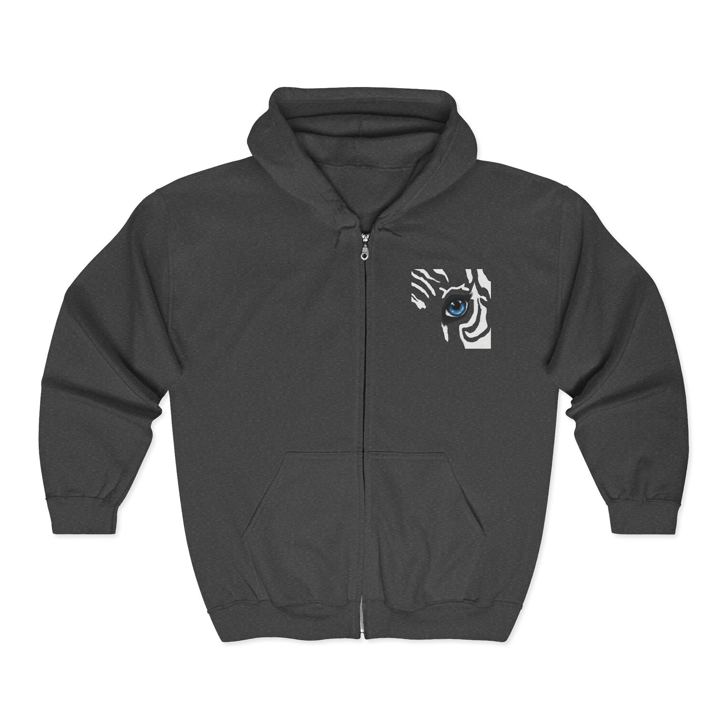 Zebra Eye Zip Hoodie — Black Minimalist Animal Print Full-Zip Sweatshirt