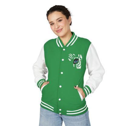 Tiger Eye Letterman Jacket — Red & White Varsity Jacket with Blue Tiger Eye Patch
