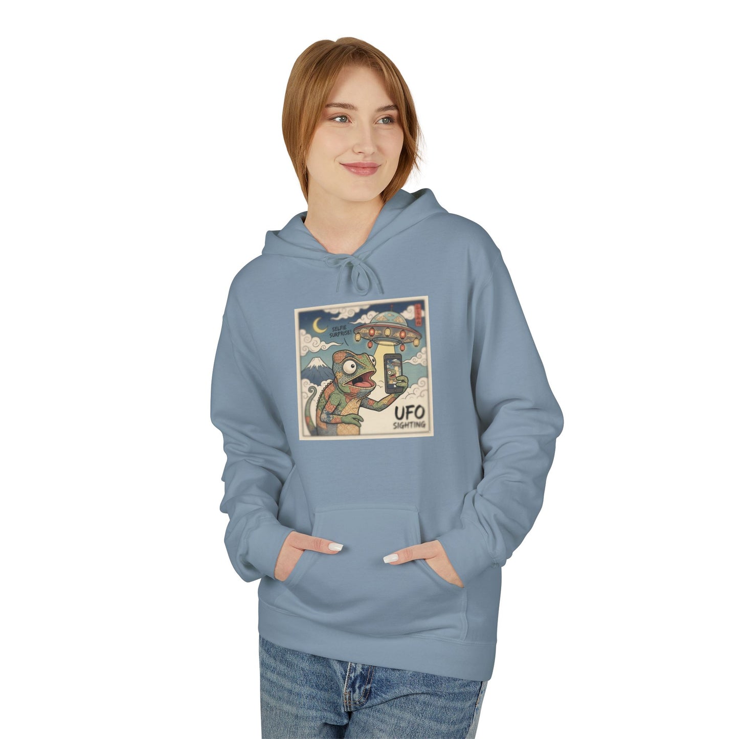 UFO Surfing Hoodie — Retro Alien Surfing Graphic Pullover