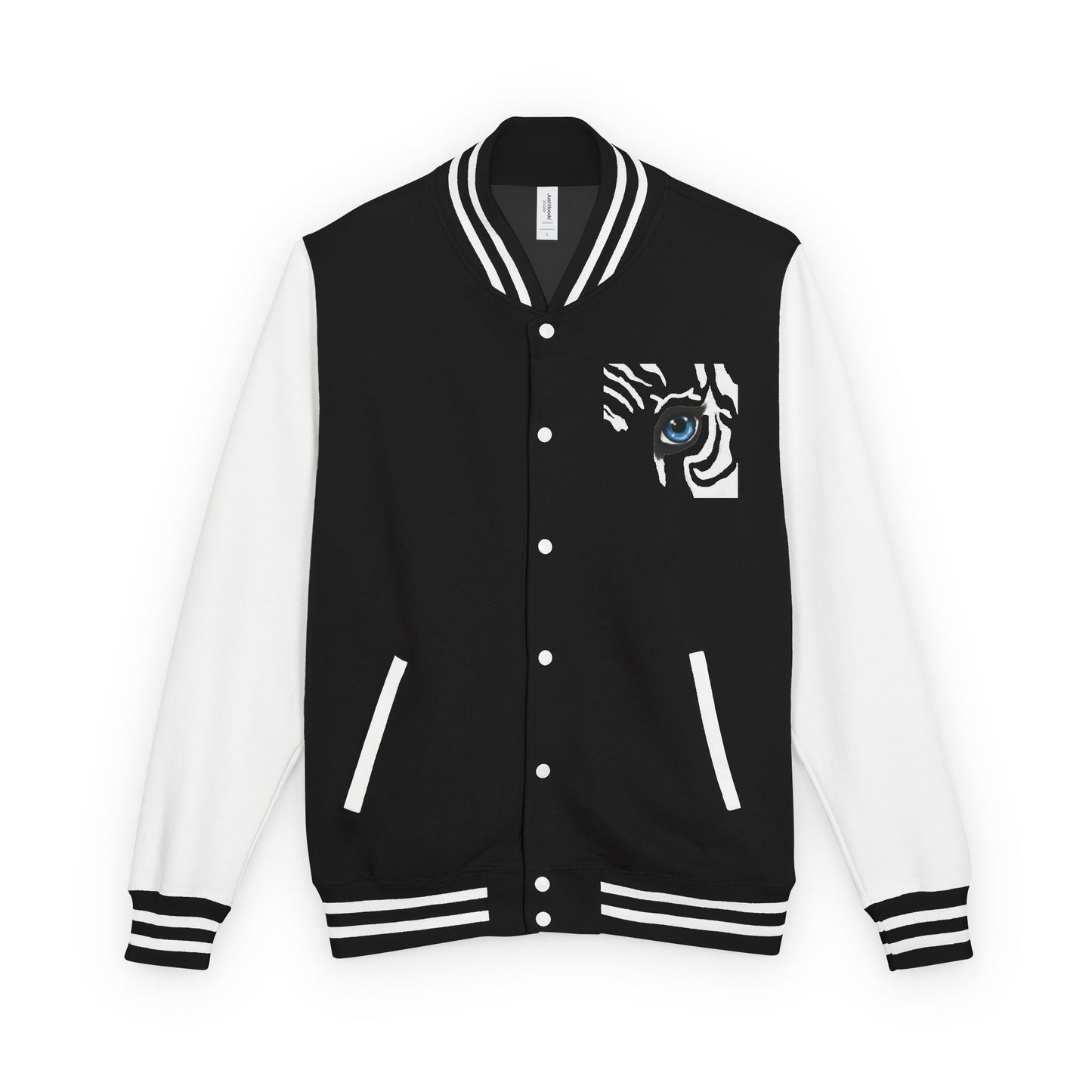 Tiger Eye Letterman Jacket — Red & White Varsity Jacket with Blue Tiger Eye Patch