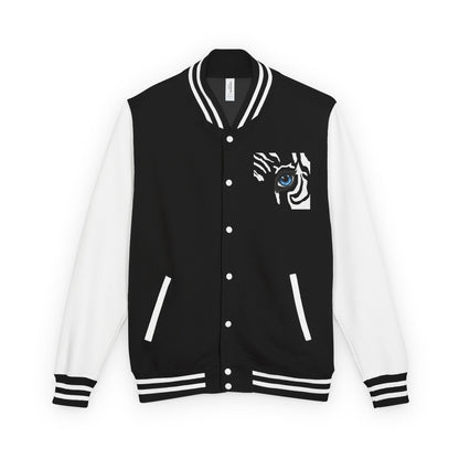 Tiger Eye Letterman Jacket — Red & White Varsity Jacket with Blue Tiger Eye Patch