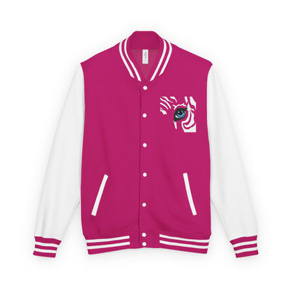 Tiger Eye Letterman Jacket — Red & White Varsity Jacket with Blue Tiger Eye Patch
