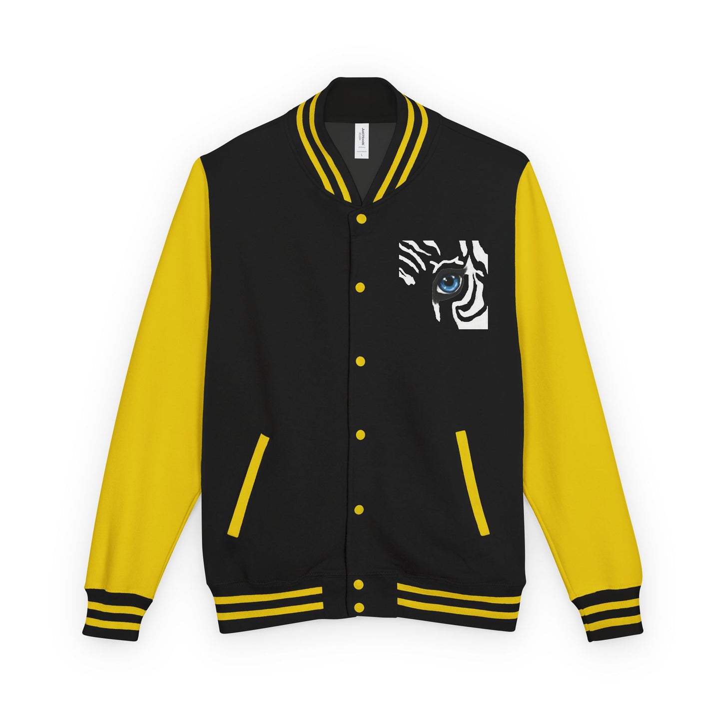 Tiger Eye Letterman Jacket — Red & White Varsity Jacket with Blue Tiger Eye Patch