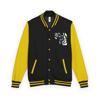 Tiger Eye Letterman Jacket — Red & White Varsity Jacket with Blue Tiger Eye Patch