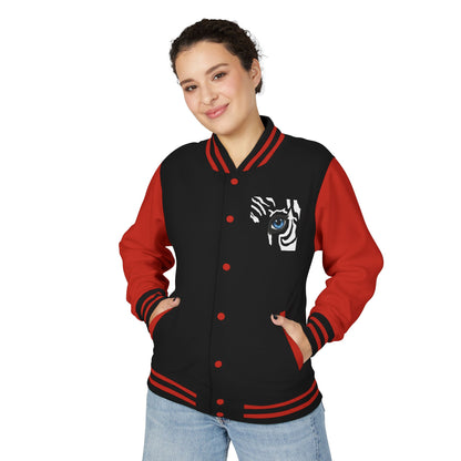 Tiger Eye Letterman Jacket — Red & White Varsity Jacket with Blue Tiger Eye Patch