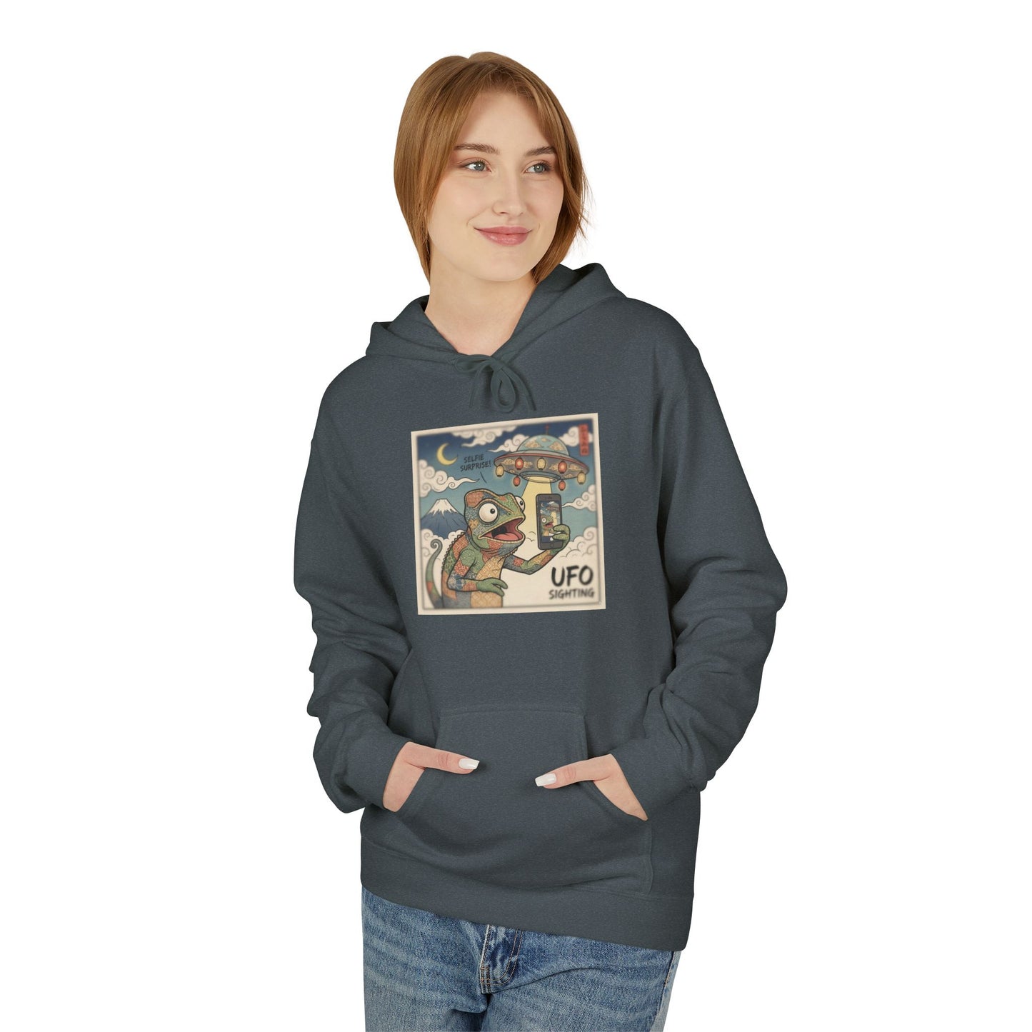 UFO Surfing Hoodie — Retro Alien Surfing Graphic Pullover