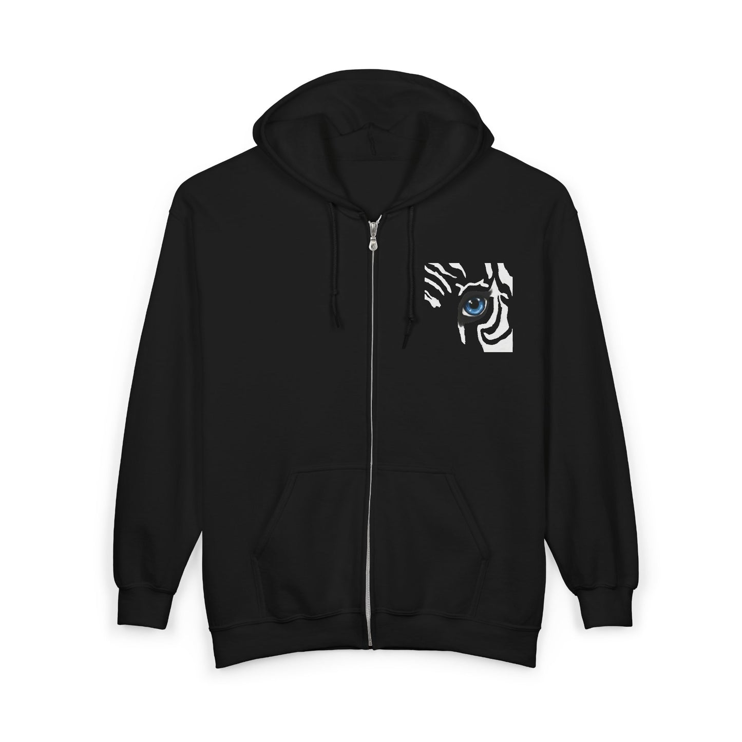 Zebra Eye Zip Hoodie — Black Minimalist Animal Print Full-Zip Sweatshirt