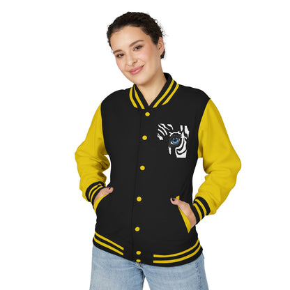Tiger Eye Letterman Jacket — Red & White Varsity Jacket with Blue Tiger Eye Patch