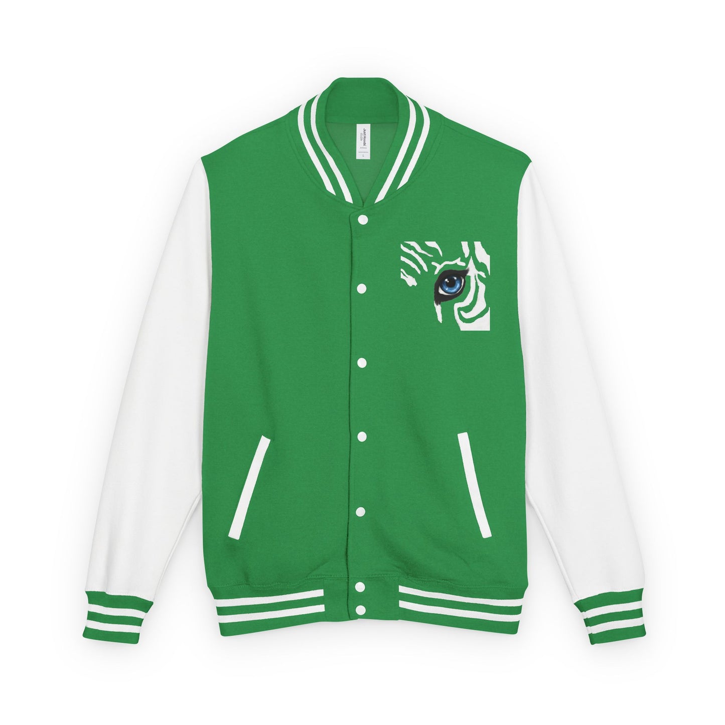 Tiger Eye Letterman Jacket — Red & White Varsity Jacket with Blue Tiger Eye Patch