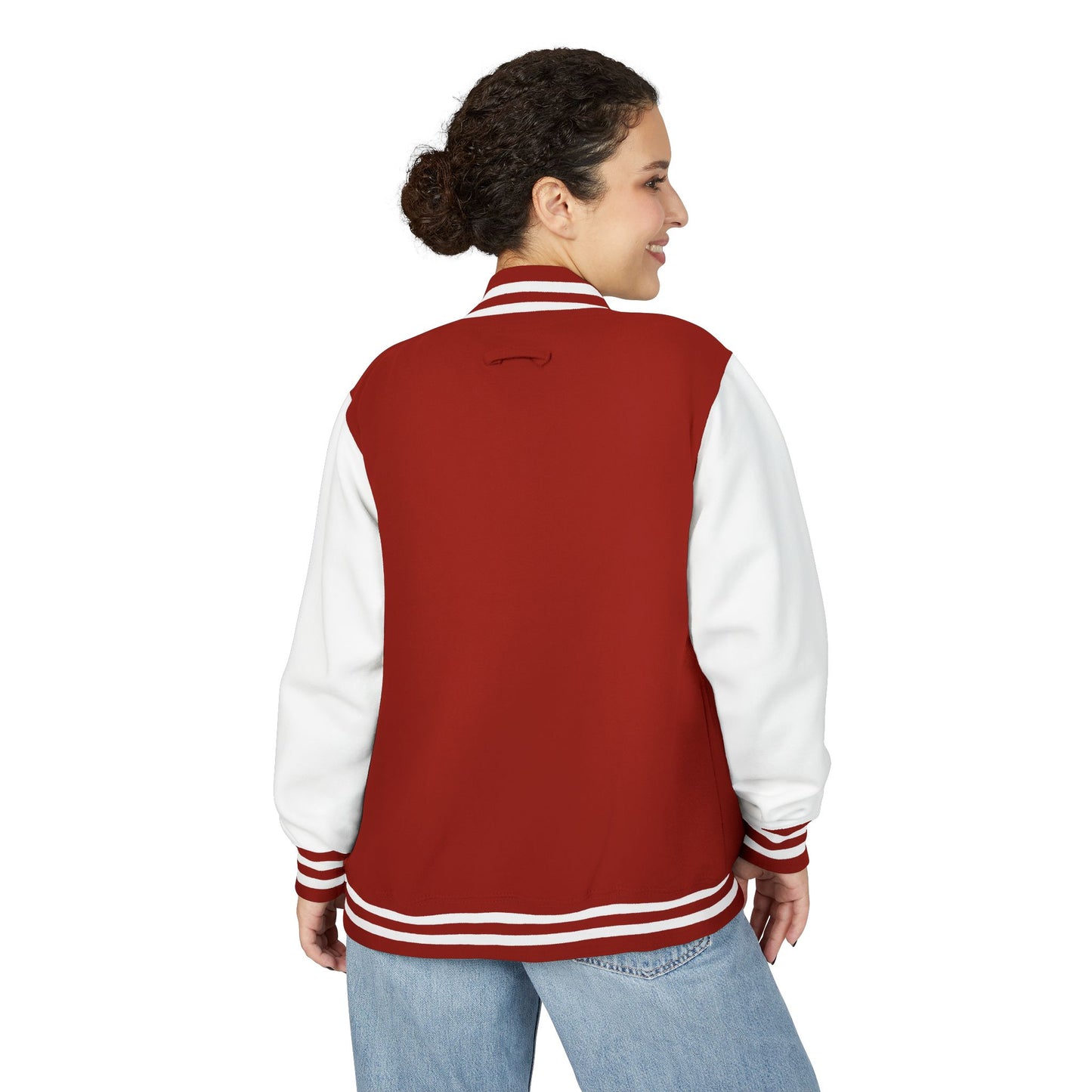 Tiger Eye Letterman Jacket — Red & White Varsity Jacket with Blue Tiger Eye Patch