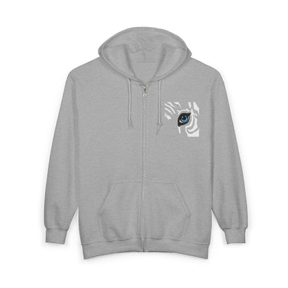Zebra Eye Zip Hoodie — Black Minimalist Animal Print Full-Zip Sweatshirt