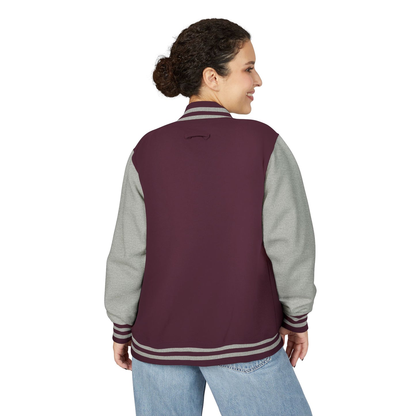 Tiger Eye Letterman Jacket — Red & White Varsity Jacket with Blue Tiger Eye Patch