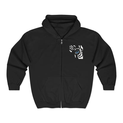 Zebra Eye Zip Hoodie — Black Minimalist Animal Print Full-Zip Sweatshirt
