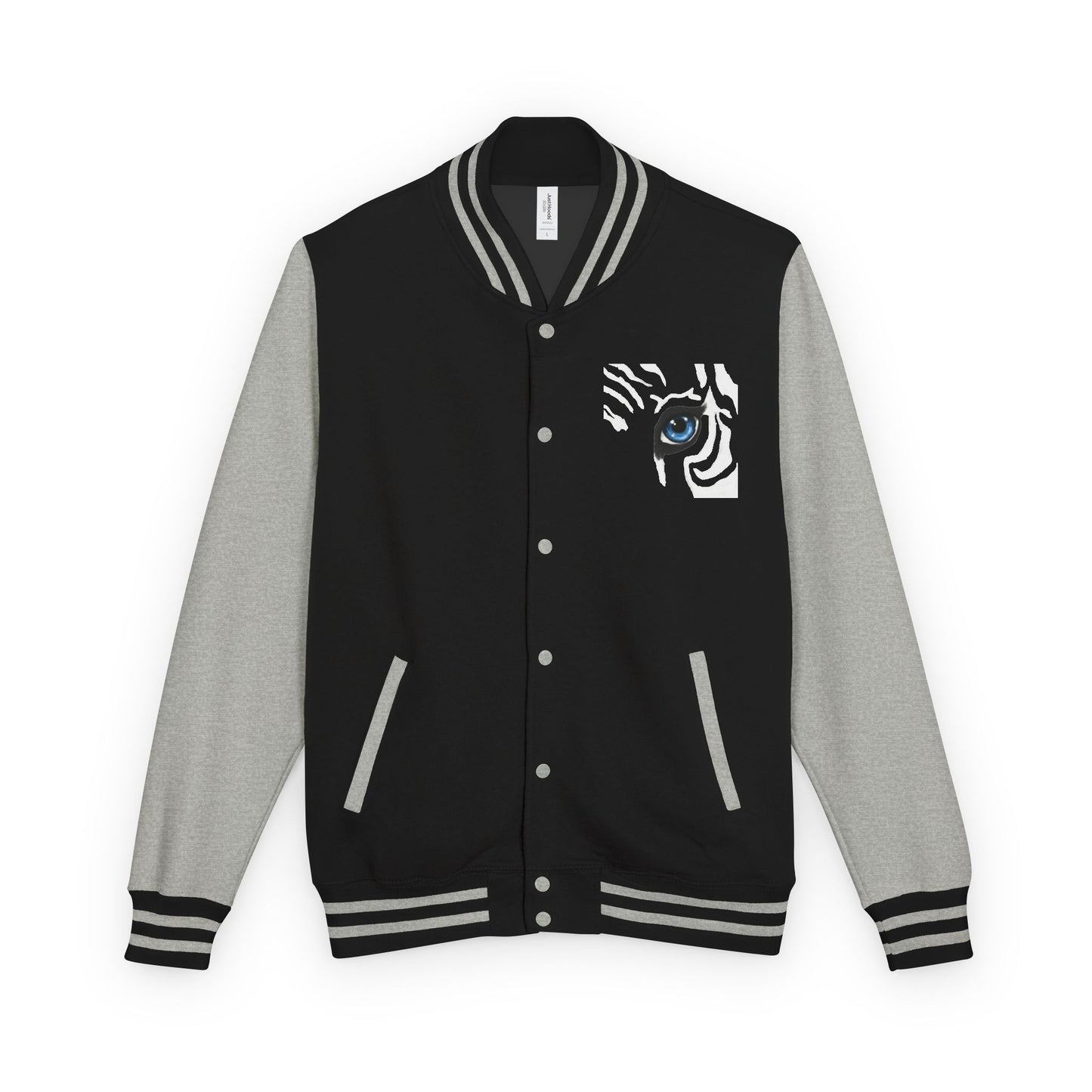 Tiger Eye Letterman Jacket — Red & White Varsity Jacket with Blue Tiger Eye Patch