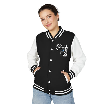 Tiger Eye Letterman Jacket — Red & White Varsity Jacket with Blue Tiger Eye Patch