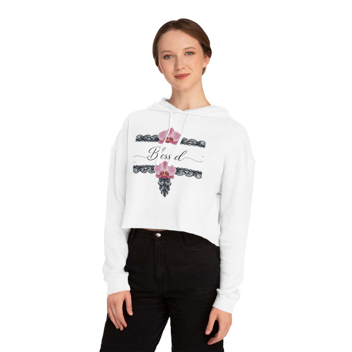 Blessed Floral Cropped Hoodie — Women’s Pink Orchid Hooded Sweatshirt