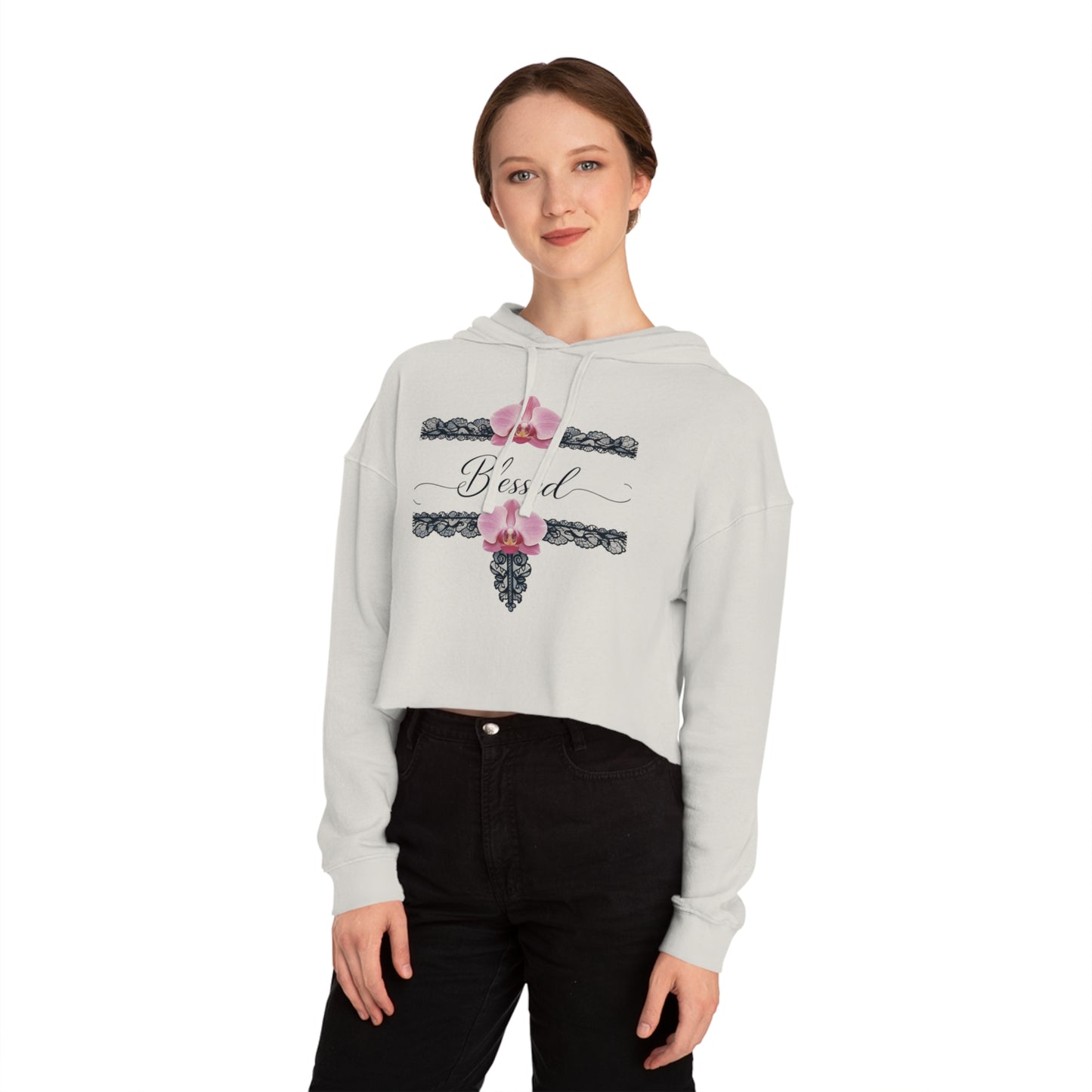 Blessed Floral Cropped Hoodie — Women’s Pink Orchid Hooded Sweatshirt