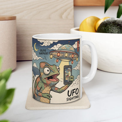 UFO Selfie Ceramic Mug — Funny Chameleon UFO Sighting Coffee Cup (11oz, 15oz)