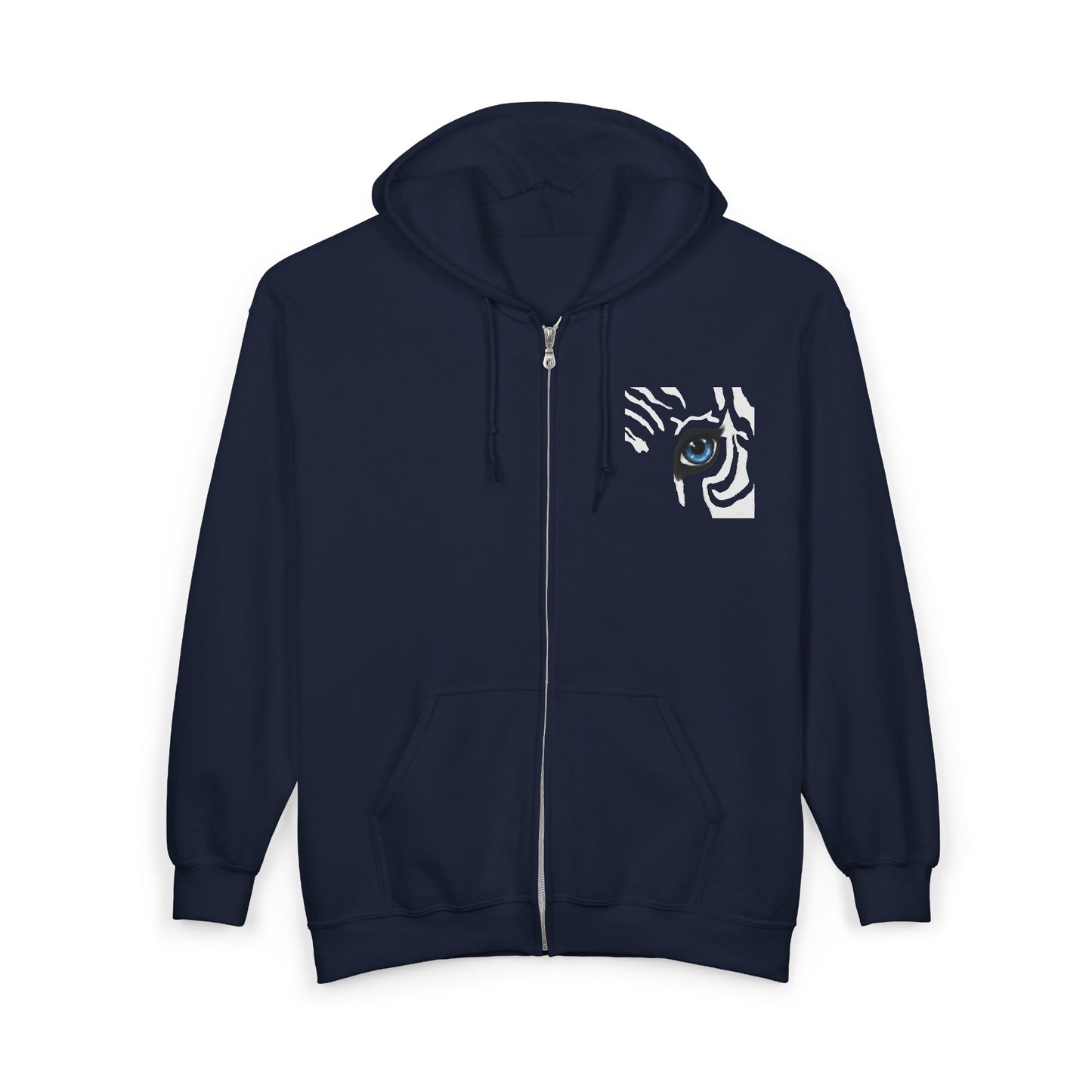 Zebra Eye Zip Hoodie — Black Minimalist Animal Print Full-Zip Sweatshirt