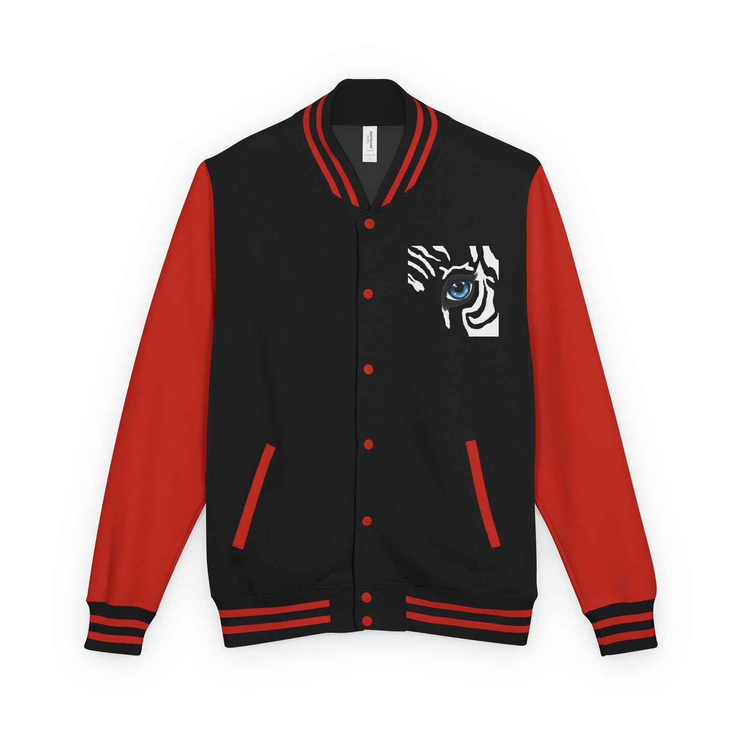 Tiger Eye Letterman Jacket — Red & White Varsity Jacket with Blue Tiger Eye Patch