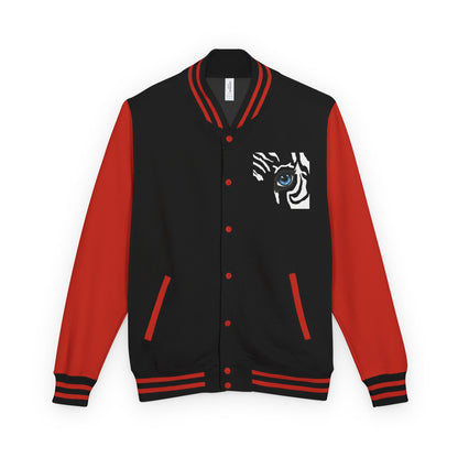 Tiger Eye Letterman Jacket — Red & White Varsity Jacket with Blue Tiger Eye Patch