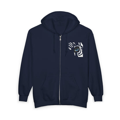 Zebra Eye Zip Hoodie — Black Minimalist Animal Print Full-Zip Sweatshirt