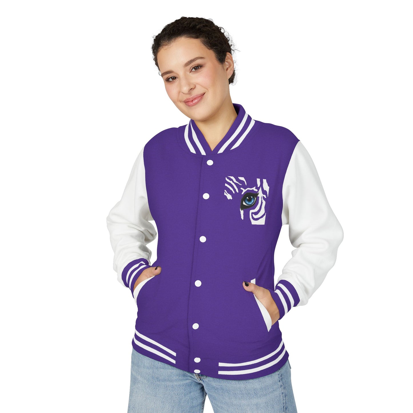 Tiger Eye Letterman Jacket — Red & White Varsity Jacket with Blue Tiger Eye Patch