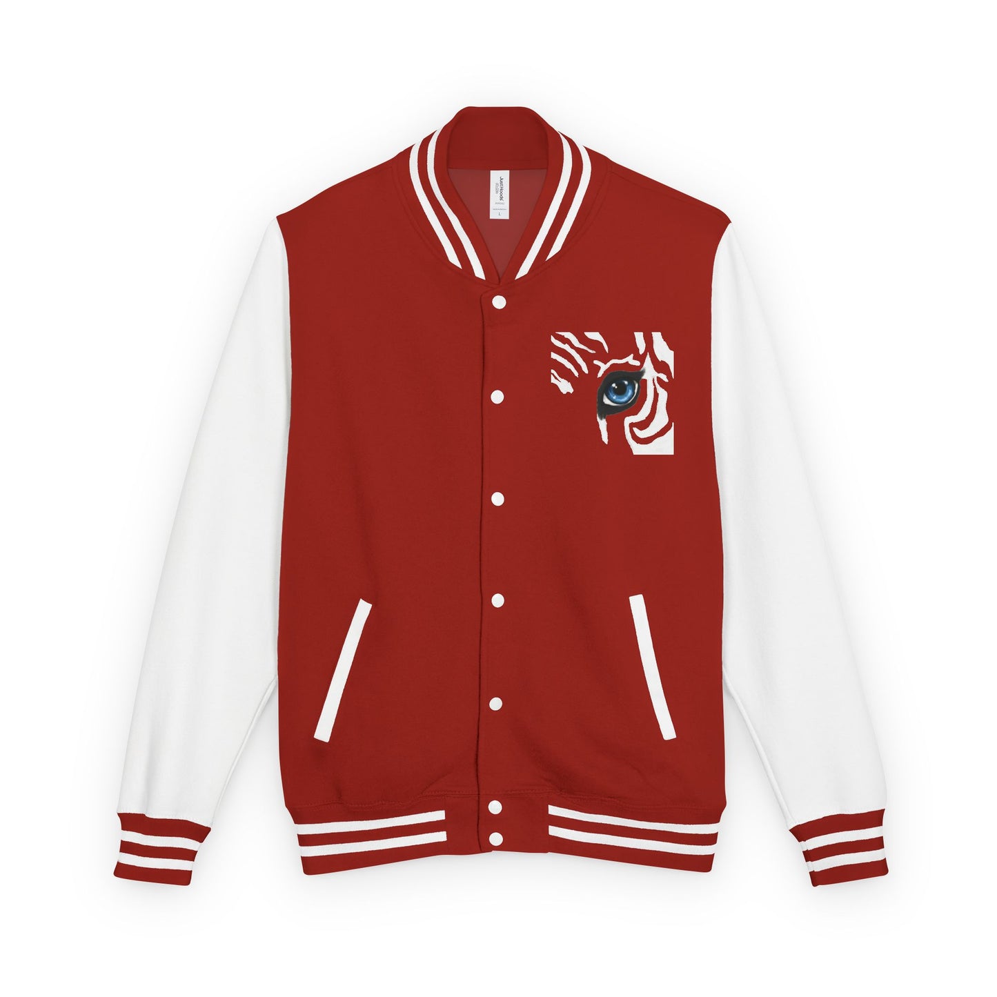 Tiger Eye Letterman Jacket — Red & White Varsity Jacket with Blue Tiger Eye Patch