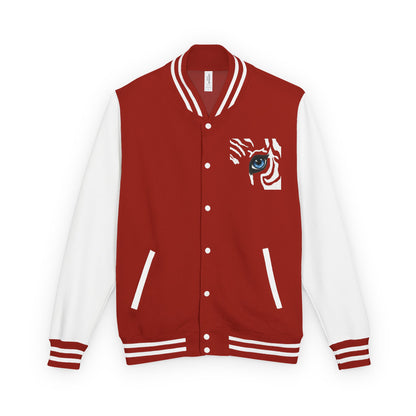 Tiger Eye Letterman Jacket — Red & White Varsity Jacket with Blue Tiger Eye Patch