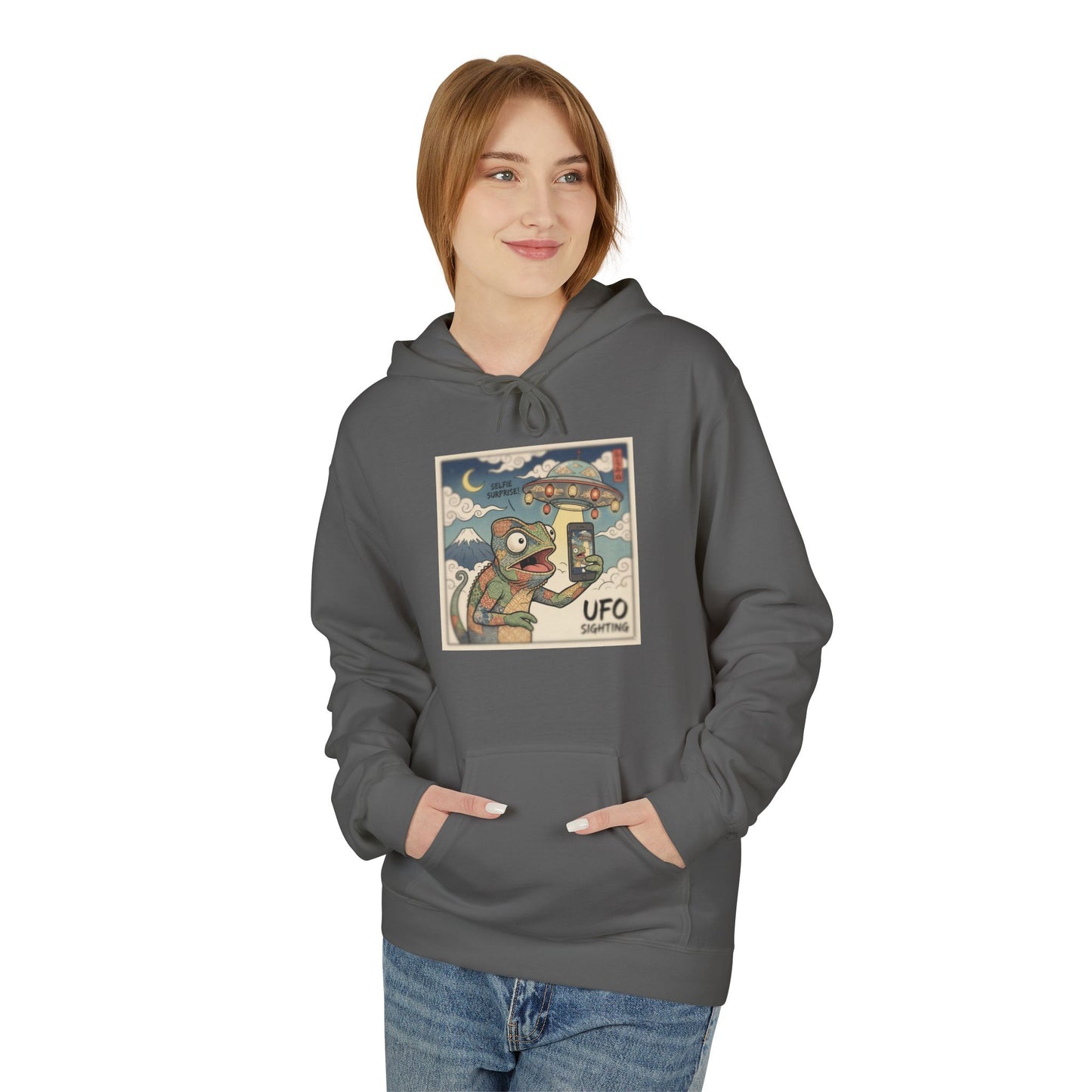 UFO Surfing Hoodie — Retro Alien Surfing Graphic Pullover