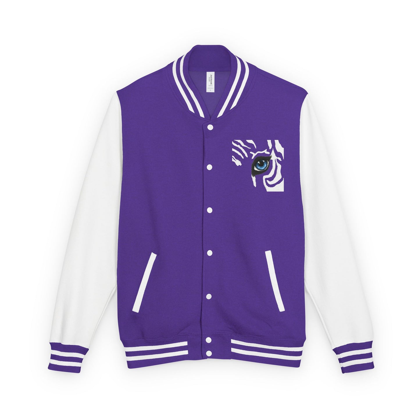 Tiger Eye Letterman Jacket — Red & White Varsity Jacket with Blue Tiger Eye Patch