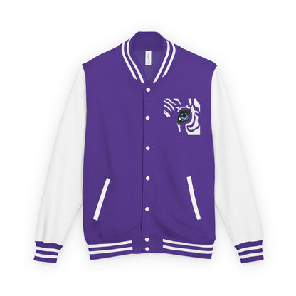 Tiger Eye Letterman Jacket — Red & White Varsity Jacket with Blue Tiger Eye Patch