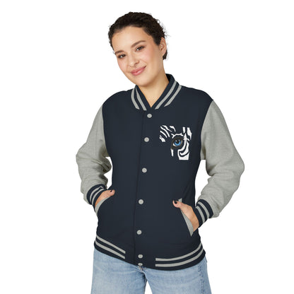 Tiger Eye Letterman Jacket — Red & White Varsity Jacket with Blue Tiger Eye Patch