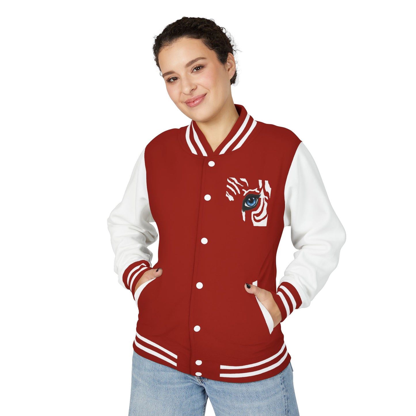 Tiger Eye Letterman Jacket — Red & White Varsity Jacket with Blue Tiger Eye Patch