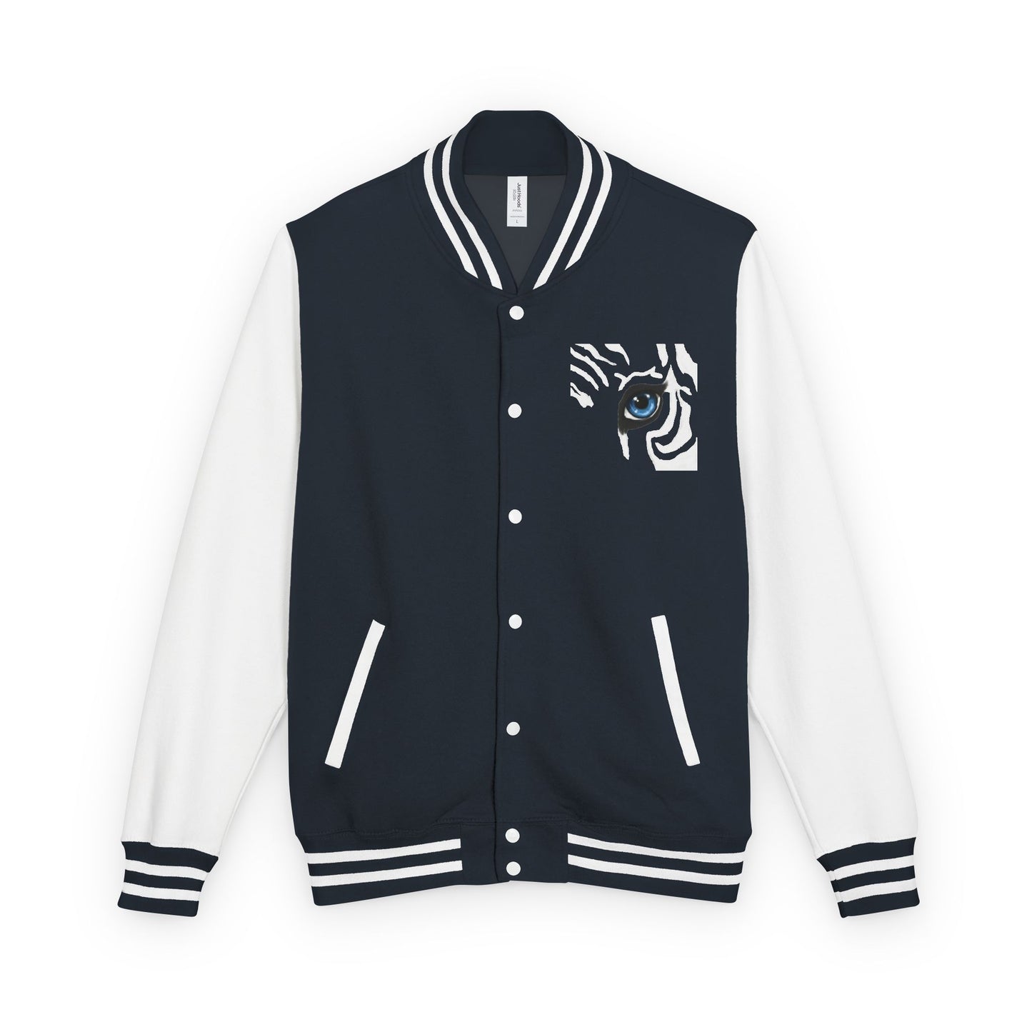 Tiger Eye Letterman Jacket — Red & White Varsity Jacket with Blue Tiger Eye Patch