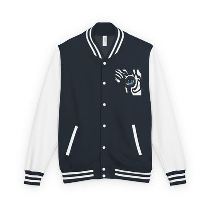 Tiger Eye Letterman Jacket — Red & White Varsity Jacket with Blue Tiger Eye Patch