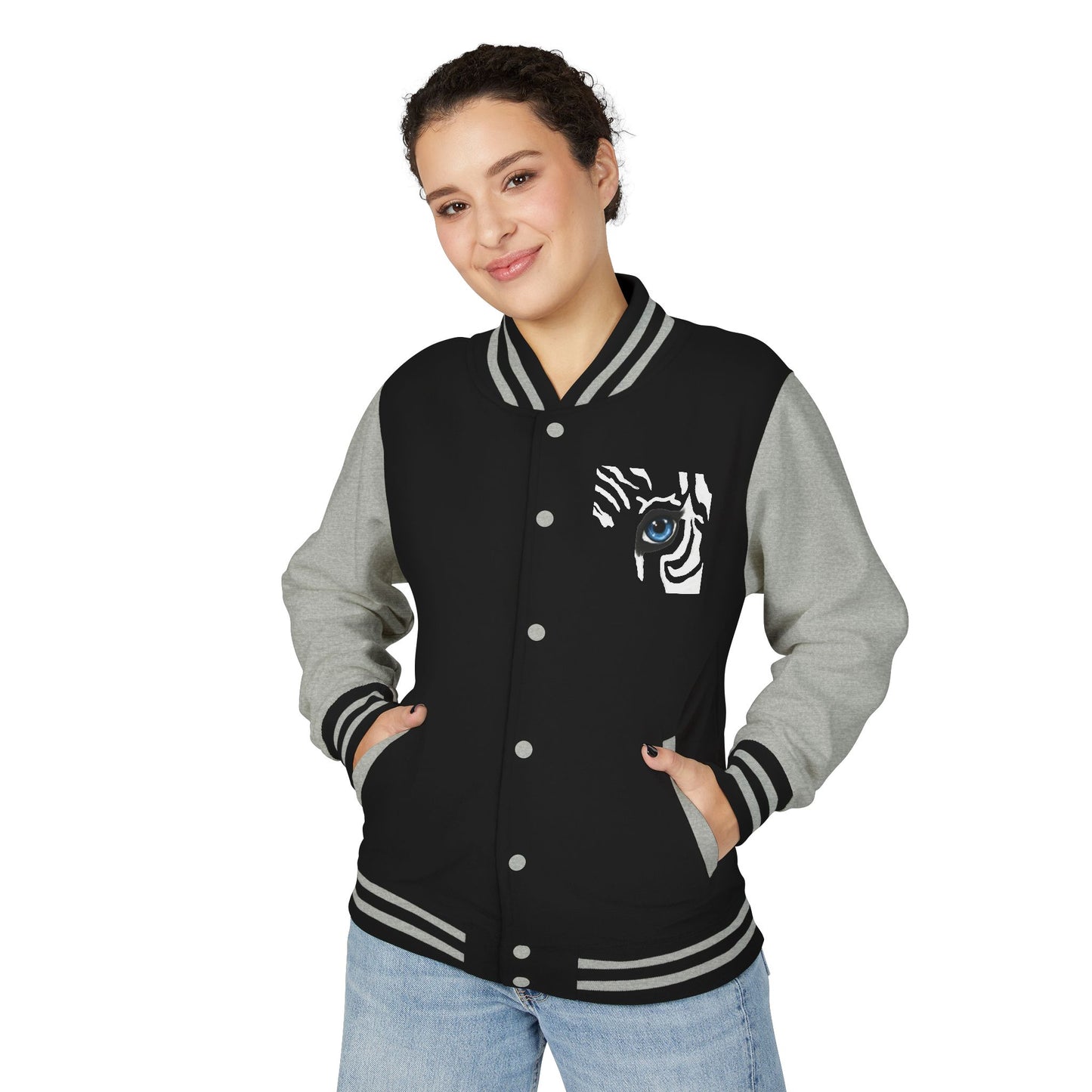 Tiger Eye Letterman Jacket — Red & White Varsity Jacket with Blue Tiger Eye Patch