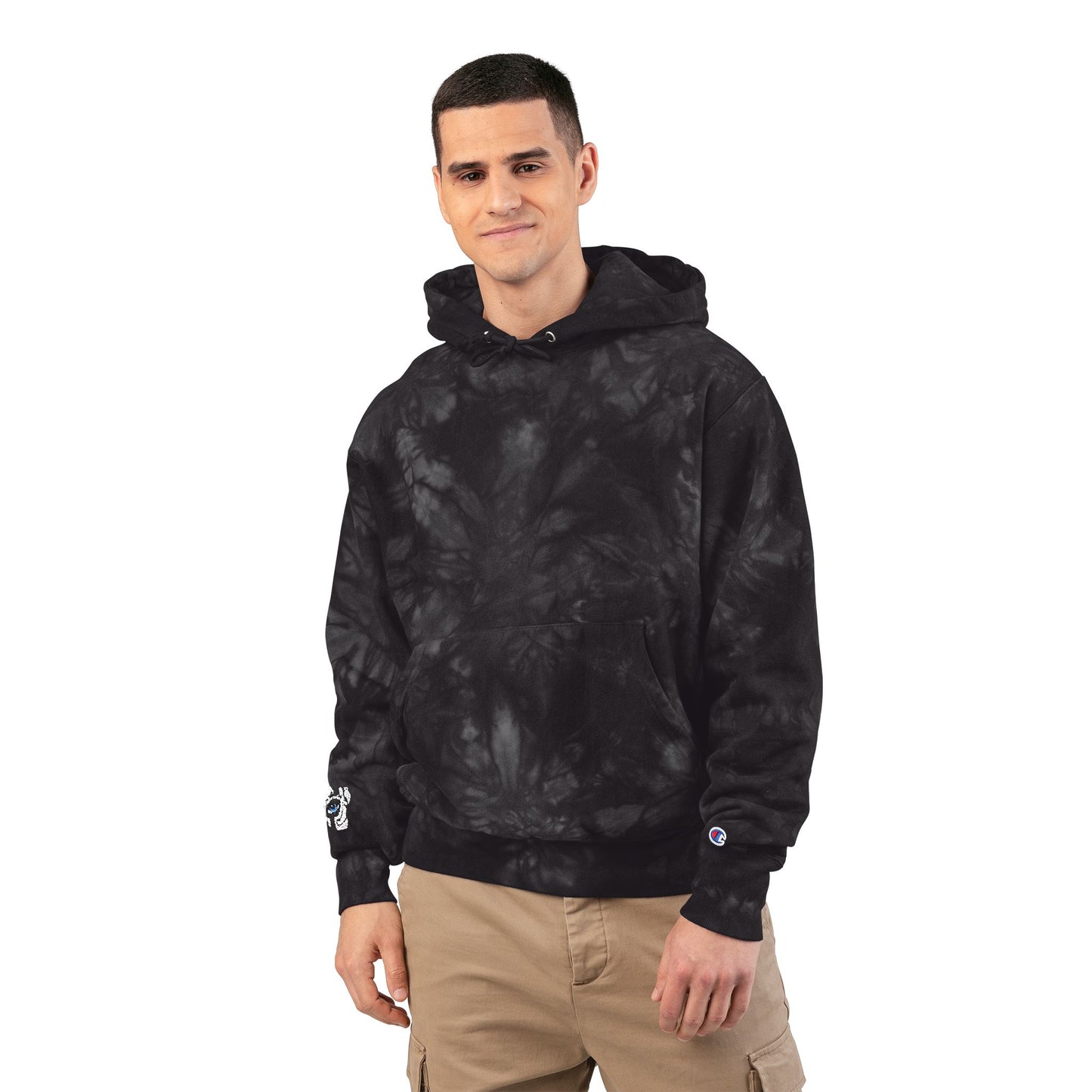 Tie-Dye Embroidered Hoodie — Black Swirl Champion Style