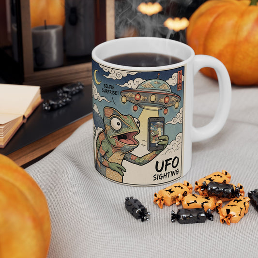 UFO Selfie Ceramic Mug — Funny Chameleon UFO Sighting Coffee Cup (11oz, 15oz)