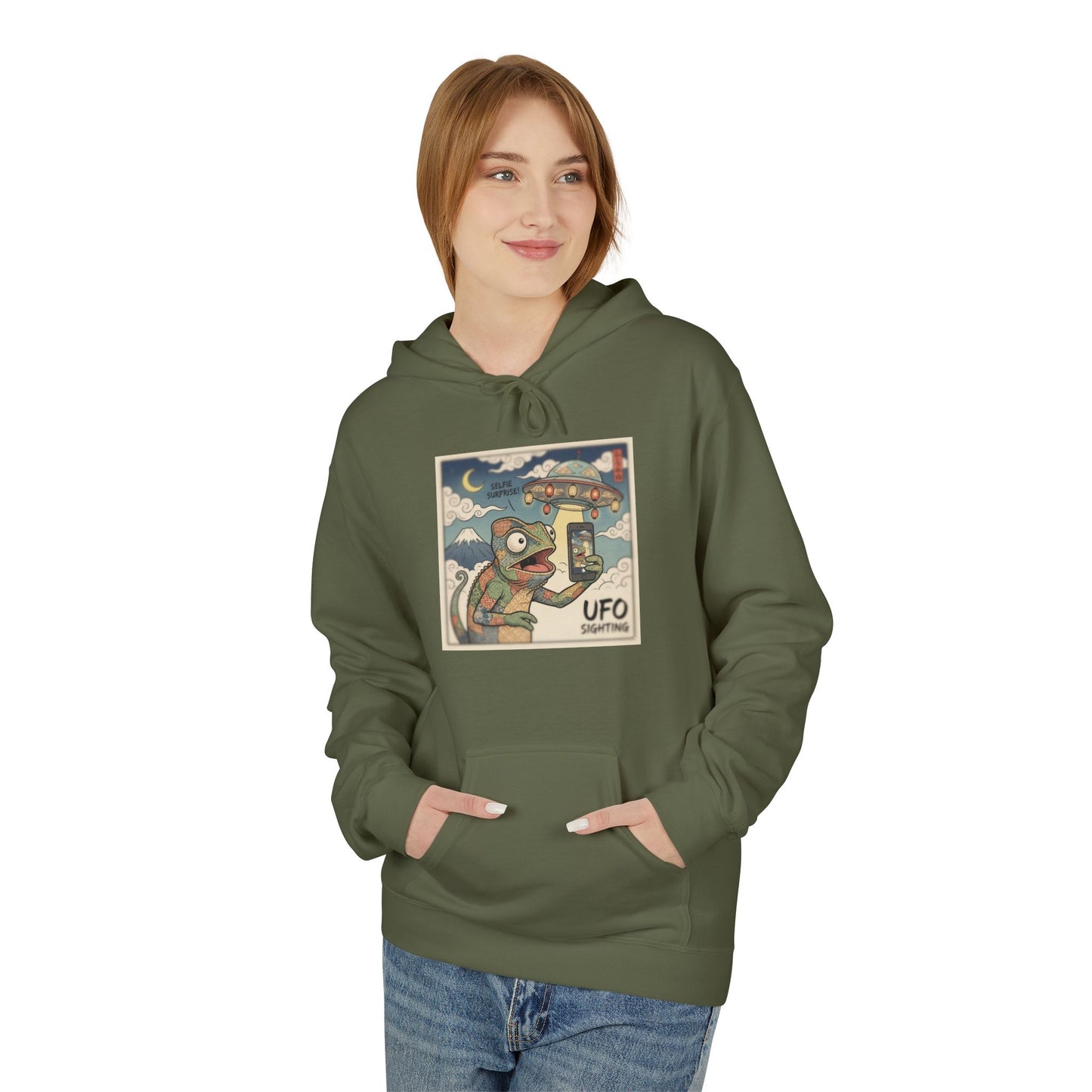 UFO Surfing Hoodie — Retro Alien Surfing Graphic Pullover